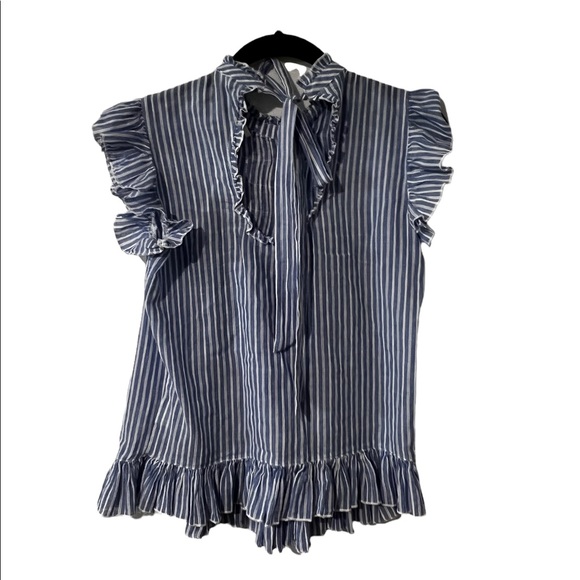 Anthro Smocked Ruffled Striped Blue Shirt - Picture 5 of 6